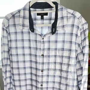 Banana Republic Men’s White & Blue Slim Fit Plaid Button Down Shirt Size Large
